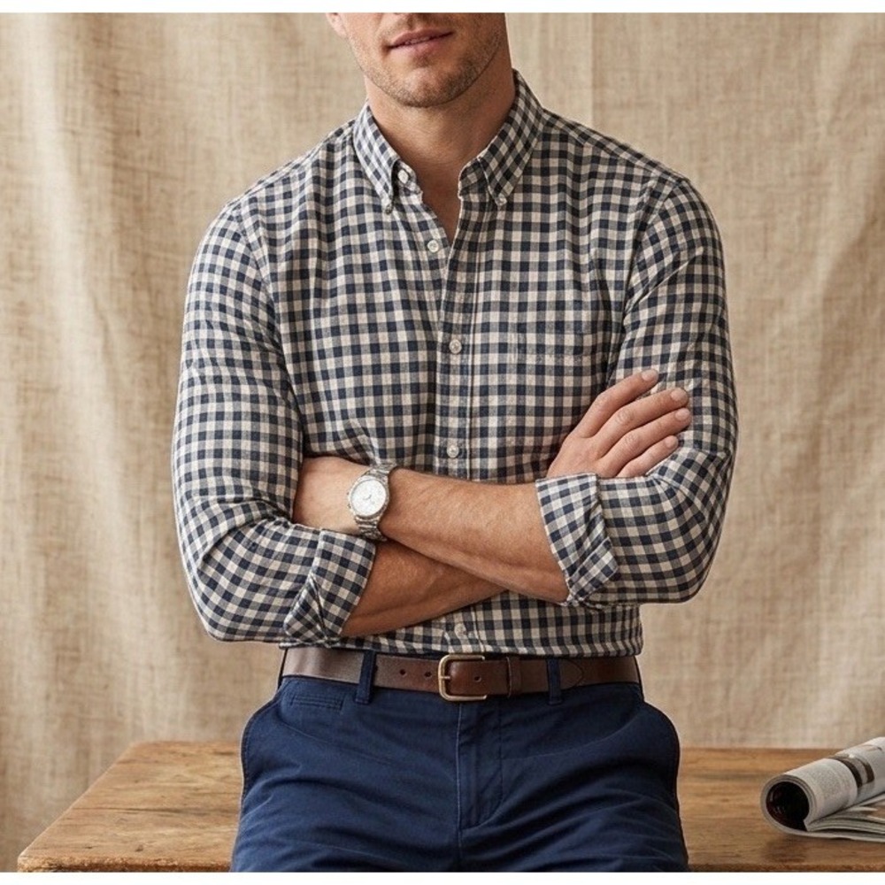 J.Crew Mens Sz L Tall Flex Washed Check Plaid Button Down Shirt Preppy Casual